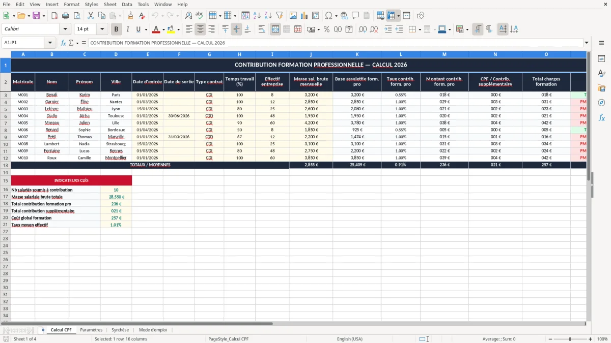 Capture 1 : onglet Calcul CPF - Modèle Excel calcul de la contribution formation professionnelle excel