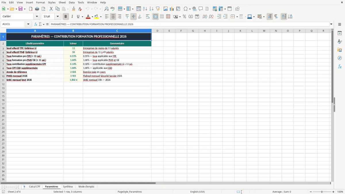 Capture 2 : onglet Paramètres - Modèle Excel calcul de la contribution formation professionnelle excel