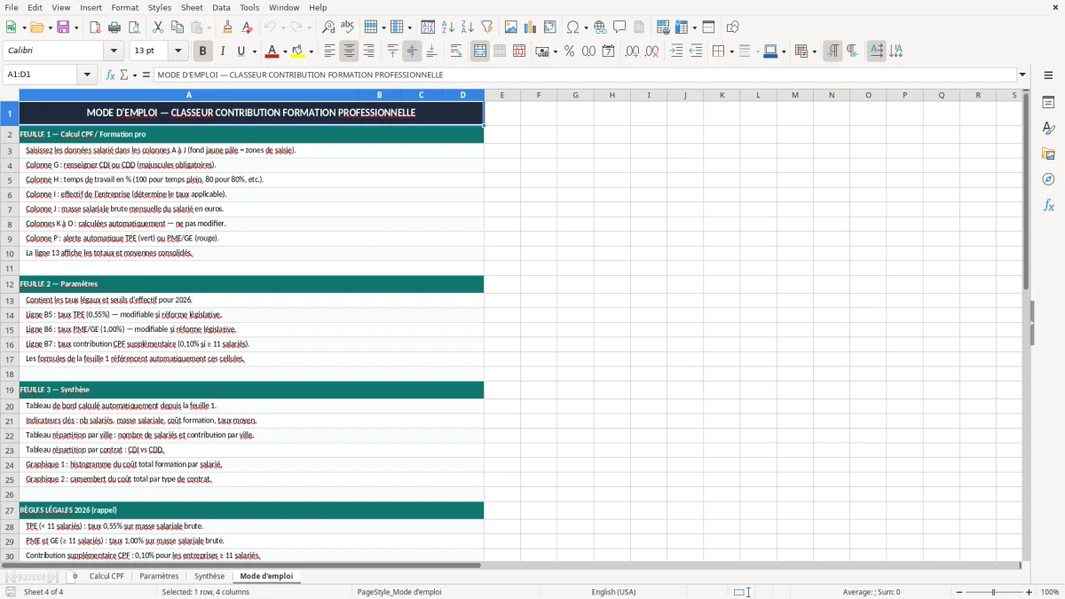 Capture 4 : onglet Mode d'emploi - Modèle Excel calcul de la contribution formation professionnelle excel