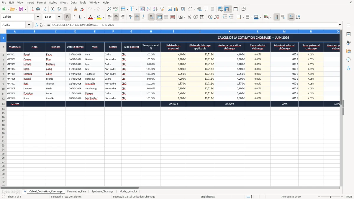 Capture 1 : onglet Calcul_Cotisation_Chomage - Modèle Excel calcul de la cotisation chômage excel