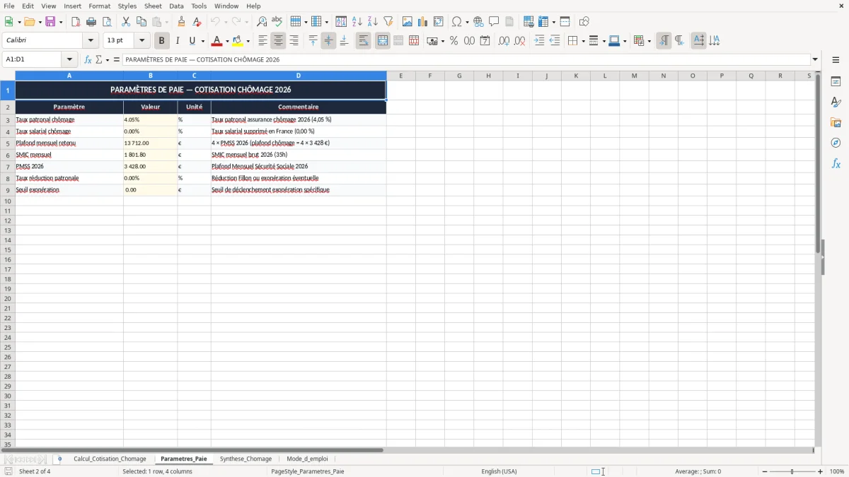 Capture 2 : onglet Parametres_Paie - Modèle Excel calcul de la cotisation chômage excel
