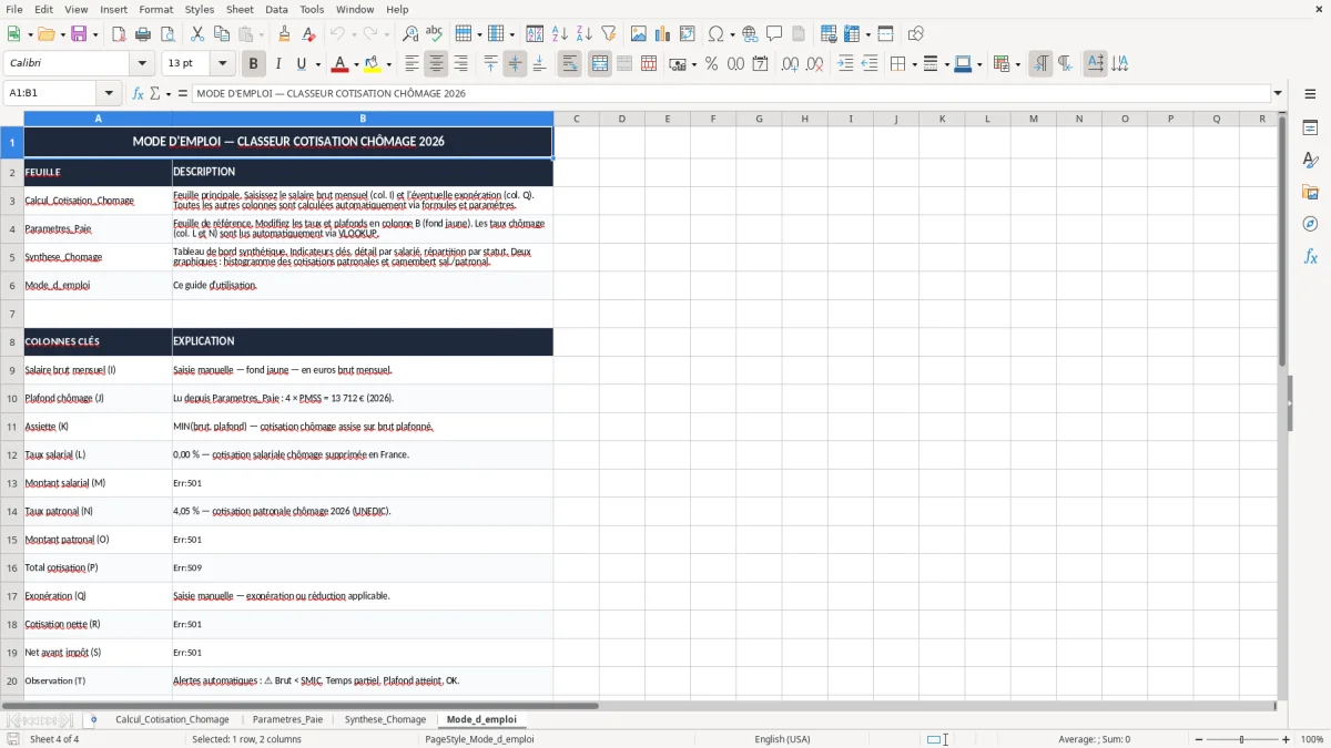Capture 4 : onglet Mode_d_emploi - Modèle Excel calcul de la cotisation chômage excel