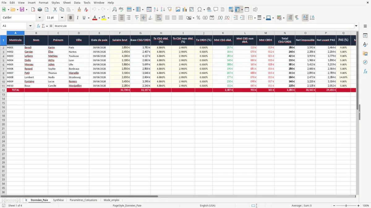 Capture 1 : onglet Données_Paie - Modèle Excel calcul de la csg crds sur salaire excel