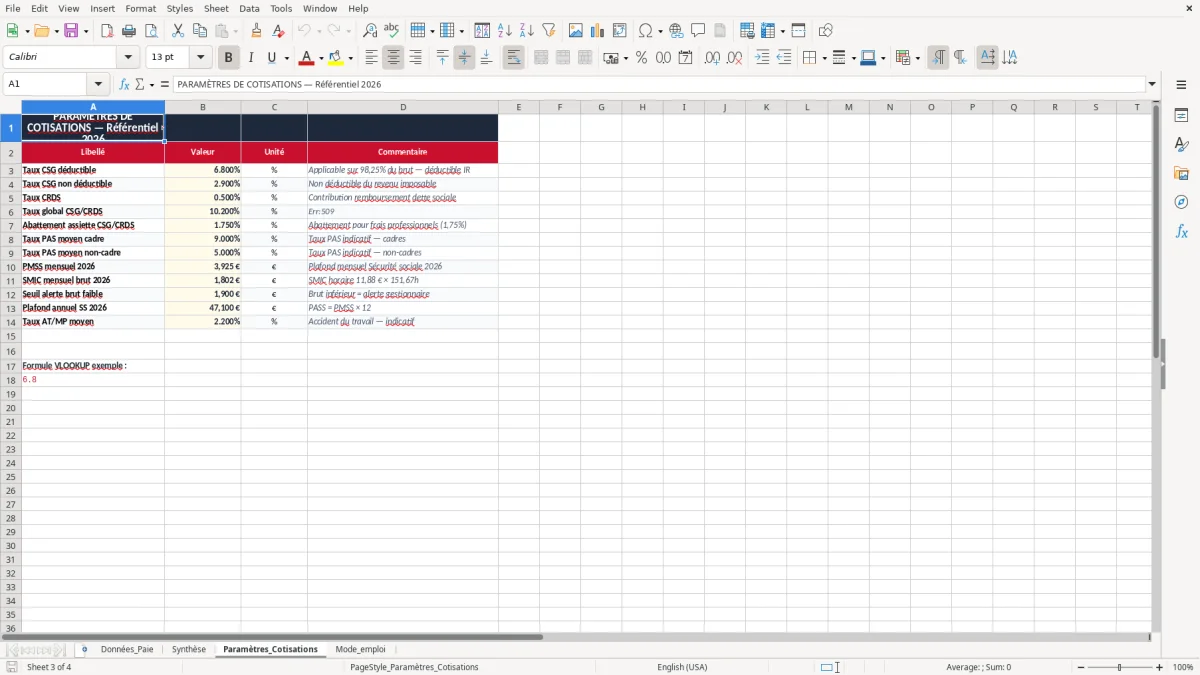Capture 3 : onglet Paramètres_Cotisations - Modèle Excel calcul de la csg crds sur salaire excel