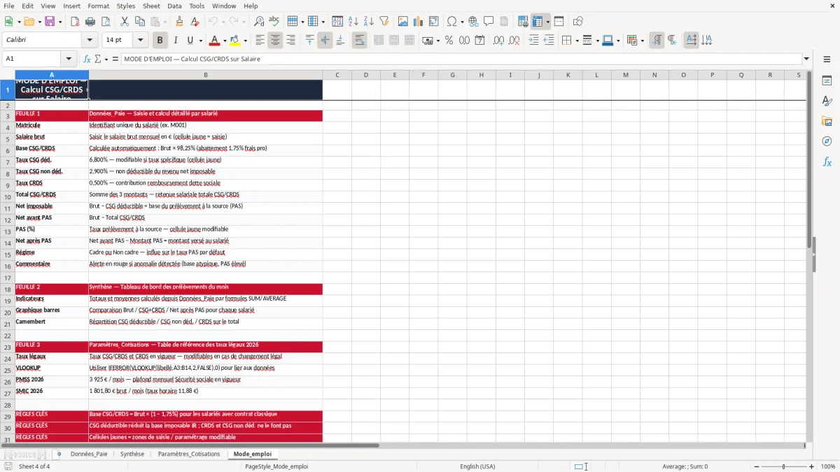 Capture 4 : onglet Mode_emploi - Modèle Excel calcul de la csg crds sur salaire excel