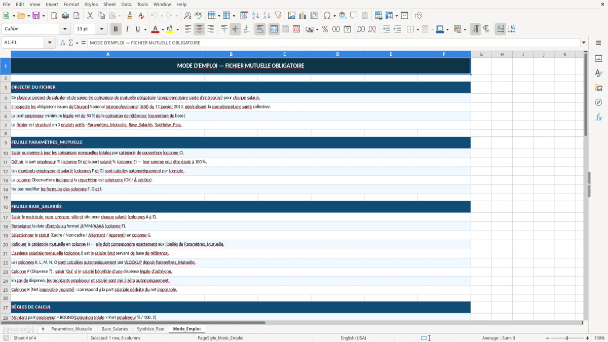 Capture 4 : onglet Mode_Emploi - Modèle Excel calcul de la mutuelle obligatoire part employeur excel