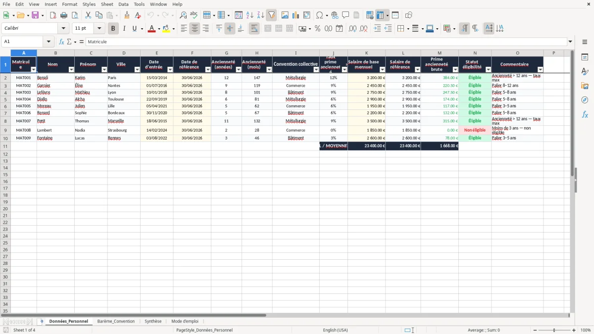 Capture 1 : onglet Données_Personnel - Modèle Excel calcul de la prime d'ancienneté excel