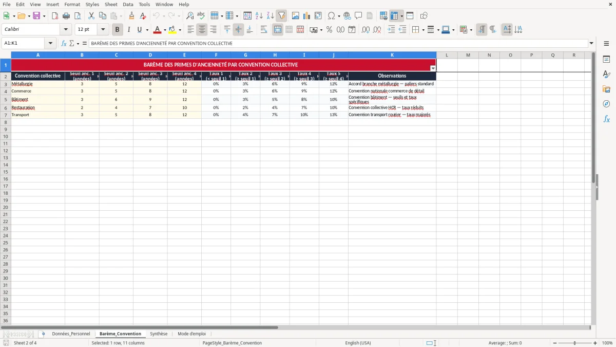 Capture 2 : onglet Barème_Convention - Modèle Excel calcul de la prime d'ancienneté excel