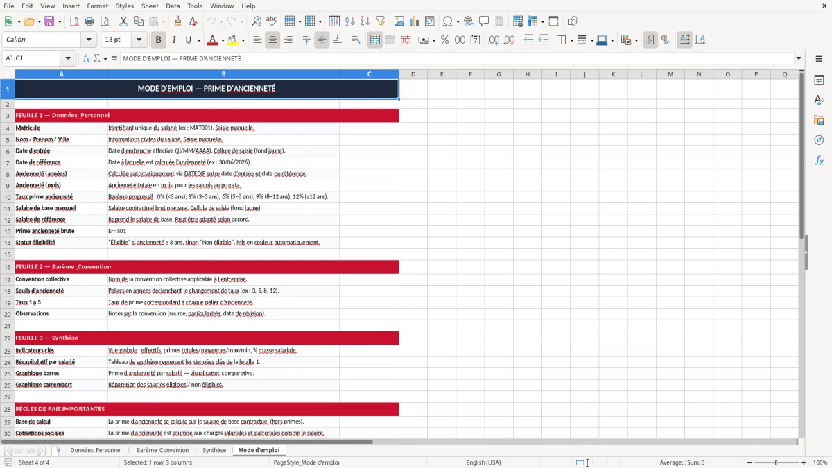 Capture 4 : onglet Mode d'emploi - Modèle Excel calcul de la prime d'ancienneté excel