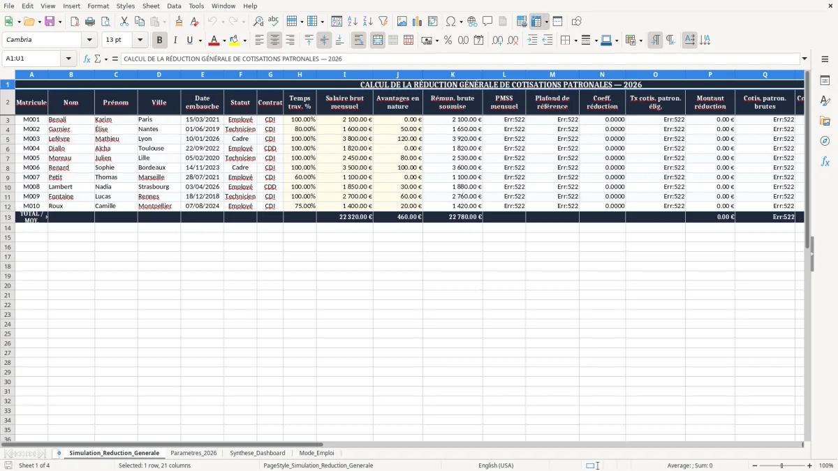 Capture 1 : onglet Simulation_Reduction_Generale - Modèle Excel calcul de la réduction générale de cotisations excel