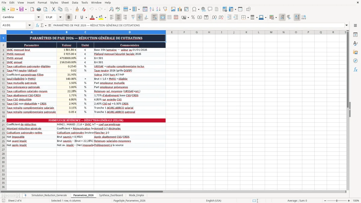 Capture 2 : onglet Parametres_2026 - Modèle Excel calcul de la réduction générale de cotisations excel