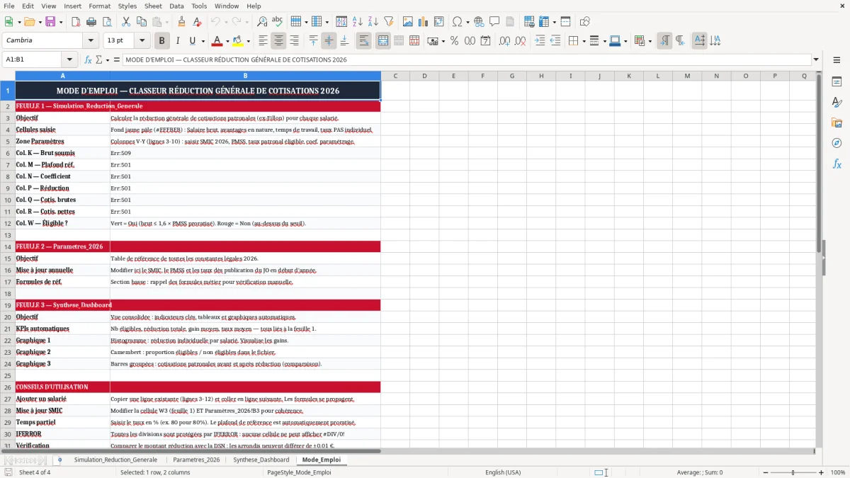Capture 4 : onglet Mode_Emploi - Modèle Excel calcul de la réduction générale de cotisations excel