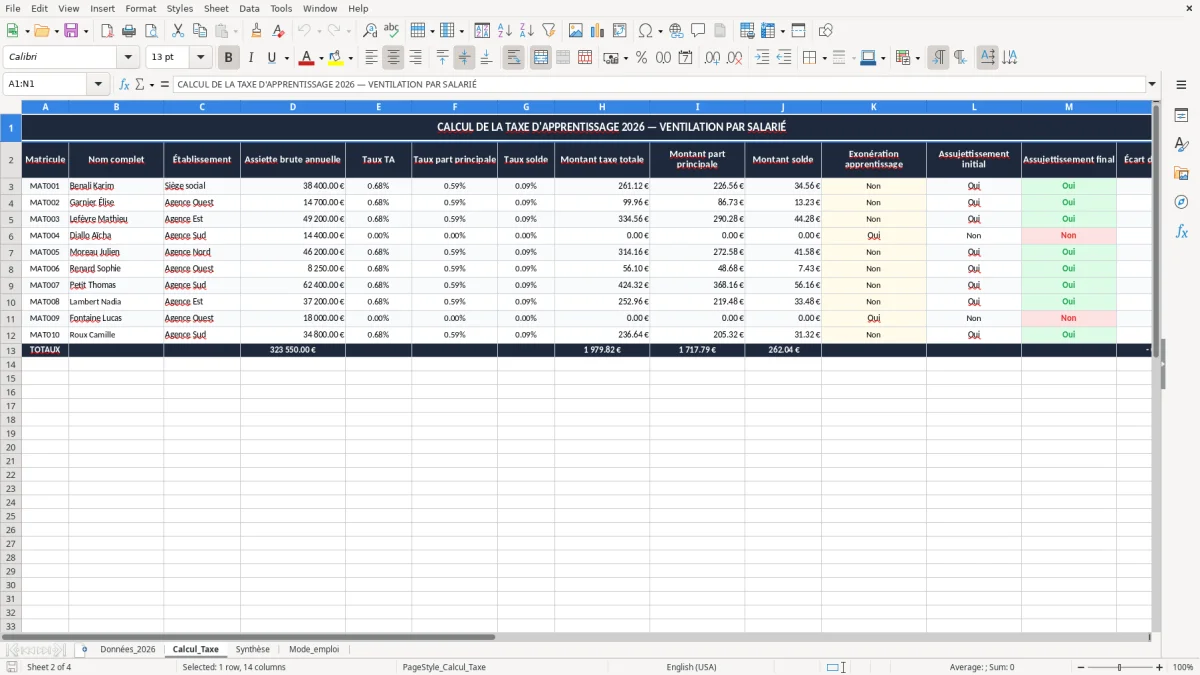 Skärmbild 2: fliken Calcul_Taxe - Excelmall calcul de la taxe d'apprentissage excel
