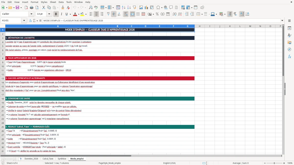 Skärmbild 4: fliken Mode_emploi - Excelmall calcul de la taxe d'apprentissage excel