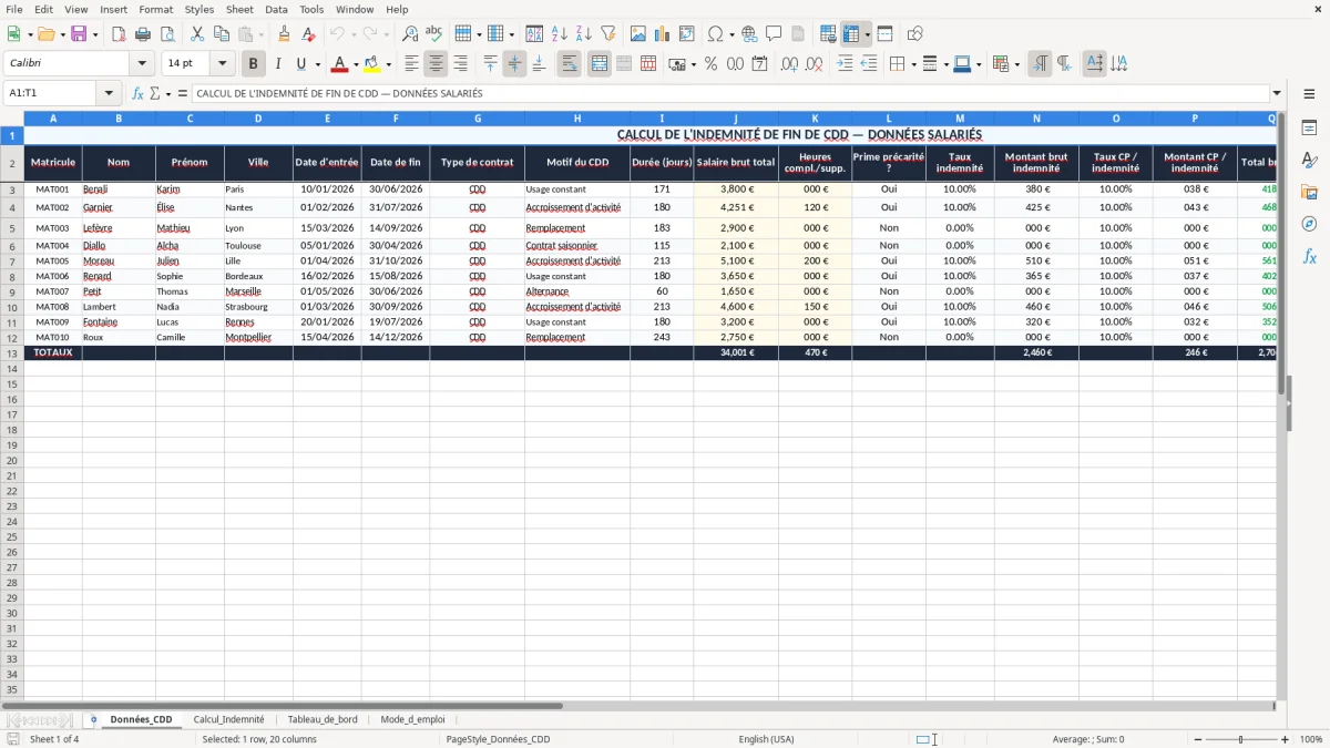 Capture 1 : onglet Données_CDD - Modèle Excel calcul de l'indemnité de fin de cdd excel