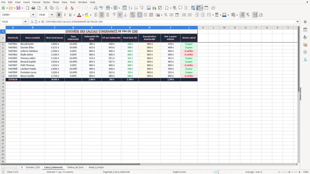 Capture 2 : onglet Calcul_Indemnité - Modèle Excel calcul de l'indemnité de fin de cdd excel