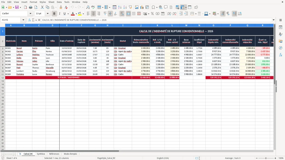 Capture 1 : onglet Calcul_RC - Modèle Excel calcul de l'indemnité de rupture conventionnelle excel