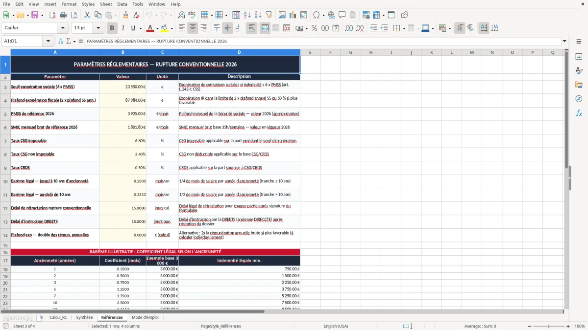 Capture 3 : onglet Références - Modèle Excel calcul de l'indemnité de rupture conventionnelle excel