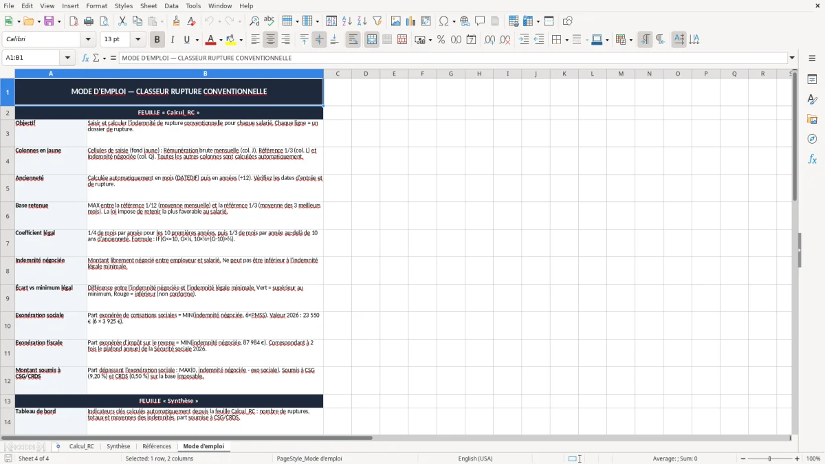 Capture 4 : onglet Mode d'emploi - Modèle Excel calcul de l'indemnité de rupture conventionnelle excel