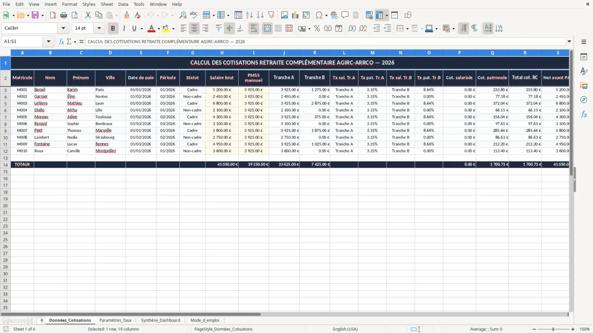 Capture 1 : onglet Données_Cotisations - Modèle Excel calcul des cotisations retraite complémentaire excel