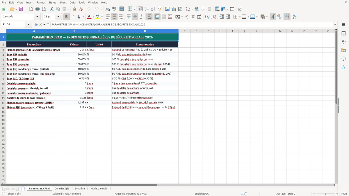 Capture 1 : onglet Paramètres_CPAM - Modèle Excel calcul des indemnités journalières de sécurité sociale excel
