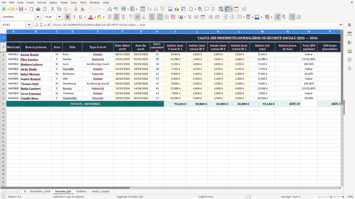Capture 2 : onglet Données_IJSS - Modèle Excel calcul des indemnités journalières de sécurité sociale excel
