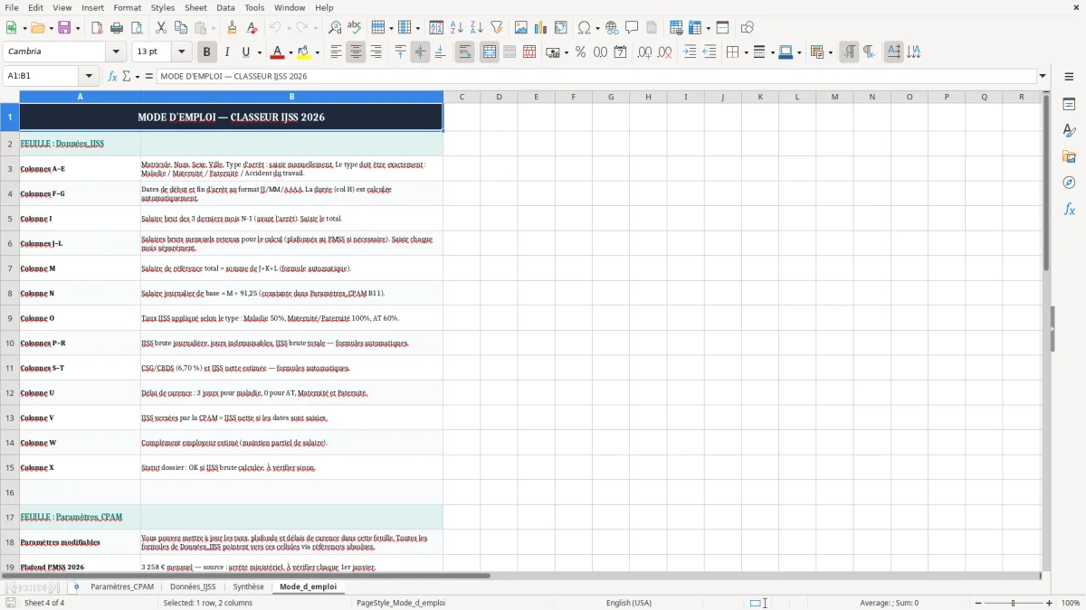Capture 4 : onglet Mode_d_emploi - Modèle Excel calcul des indemnités journalières de sécurité sociale excel