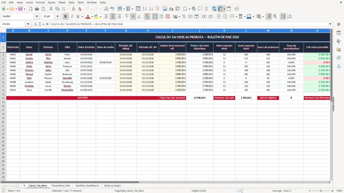 Skärmbild 1: fliken Calcul_13e_Mois - Excelmall calcul du 13e mois au prorata excel