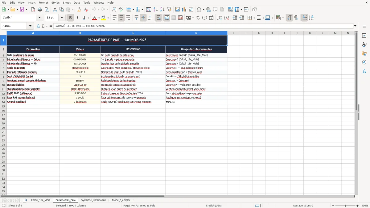 Skärmbild 2: fliken Paramètres_Paie - Excelmall calcul du 13e mois au prorata excel