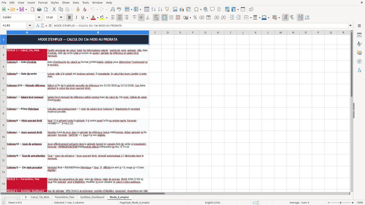 Skärmbild 4: fliken Mode_d_emploi - Excelmall calcul du 13e mois au prorata excel