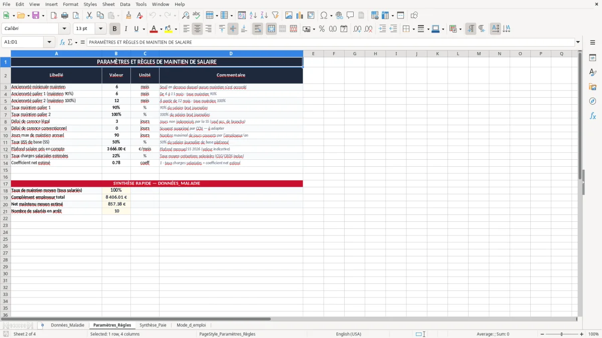 Capture 2 : onglet Paramètres_Règles - Modèle Excel calcul du maintien de salaire en cas de maladie excel