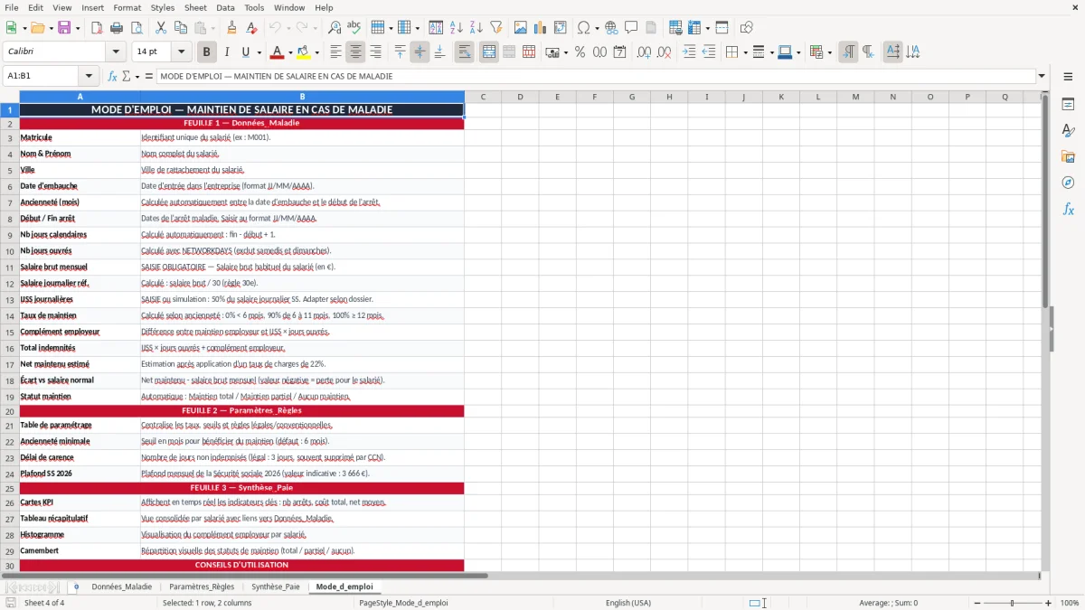 Capture 4 : onglet Mode_d_emploi - Modèle Excel calcul du maintien de salaire en cas de maladie excel
