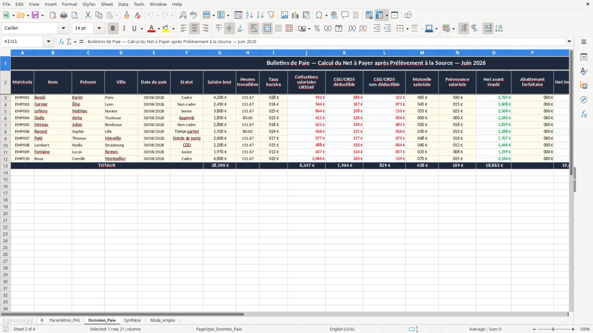 Skärmbild 2: fliken Données_Paie - Excelmall calcul du net à payer après prélèvement à la source excel