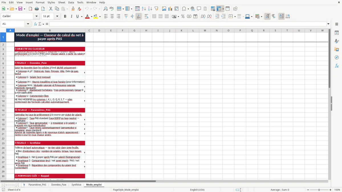 Skärmbild 4: fliken Mode_emploi - Excelmall calcul du net à payer après prélèvement à la source excel