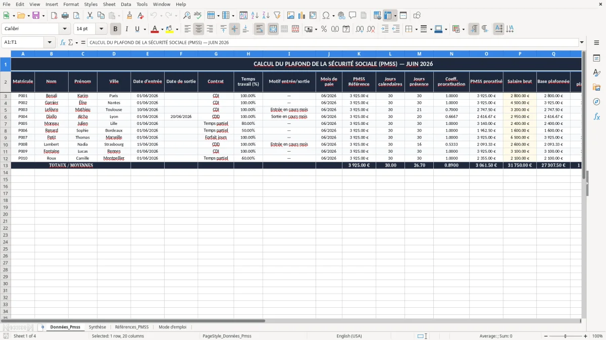Capture 1 : onglet Données_Pmss - Modèle Excel calcul du plafond de la sécurité sociale excel
