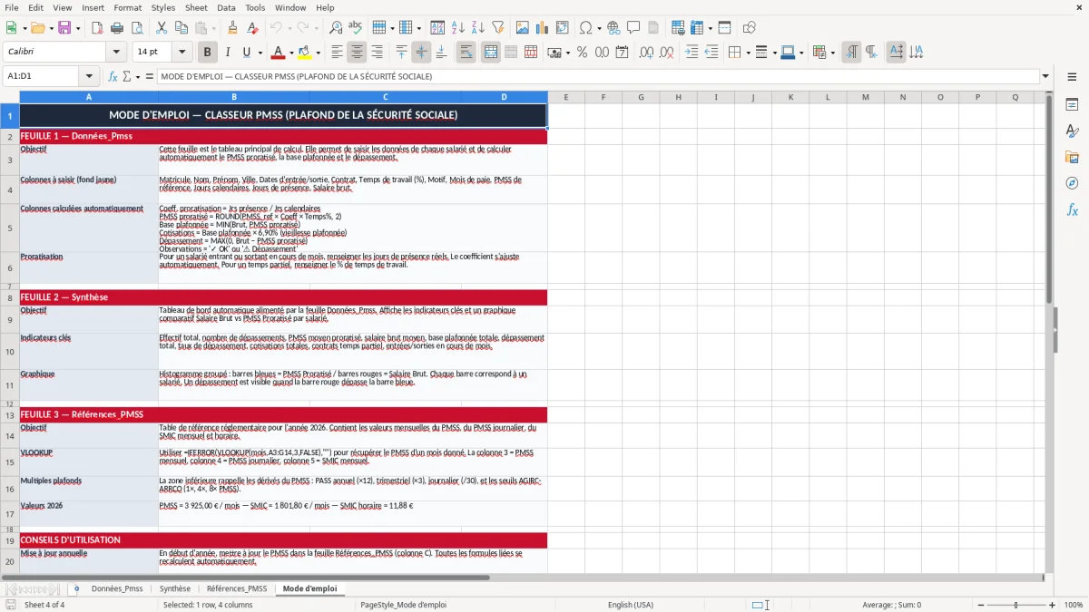 Capture 4 : onglet Mode d'emploi - Modèle Excel calcul du plafond de la sécurité sociale excel