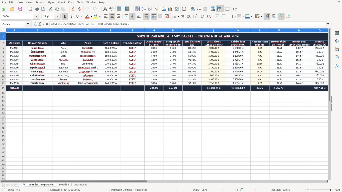 Capture 1 : onglet Données_TempsPartiel - Modèle Excel calcul du temps partiel et prorata de salaire excel