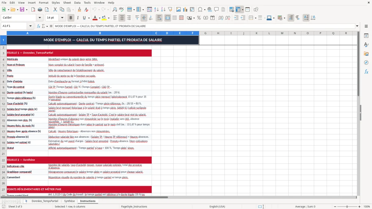 Capture 3 : onglet Instructions - Modèle Excel calcul du temps partiel et prorata de salaire excel