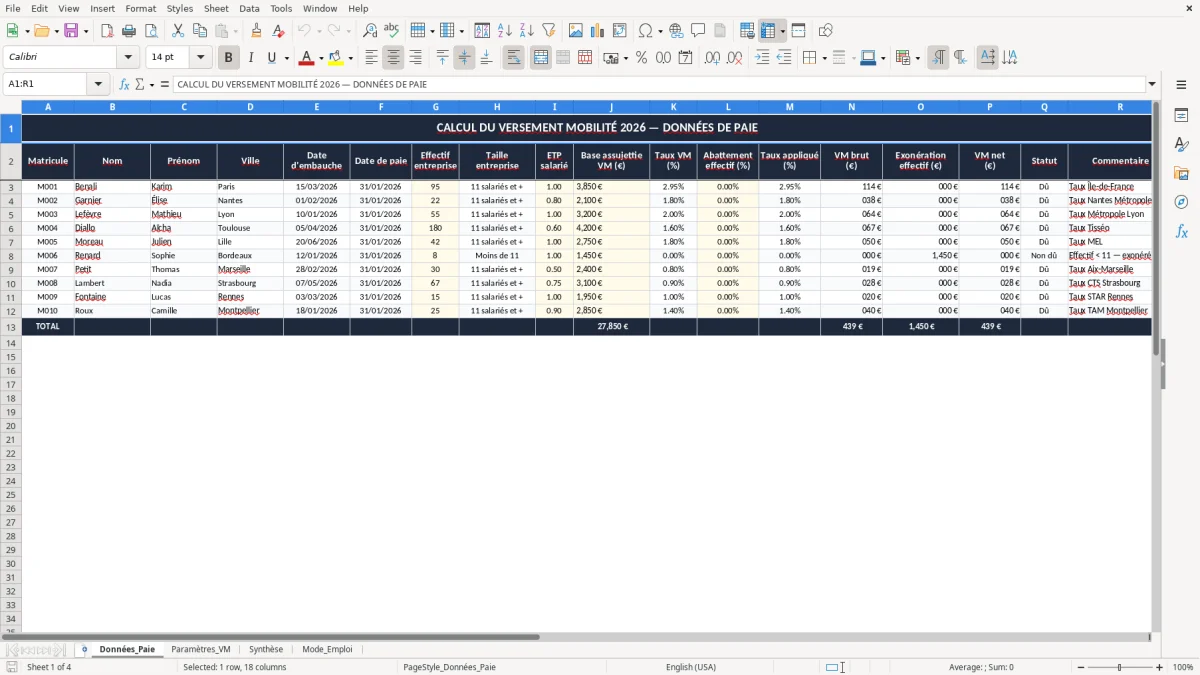 Capture 1 : onglet Données_Paie - Modèle Excel calcul du versement mobilité excel