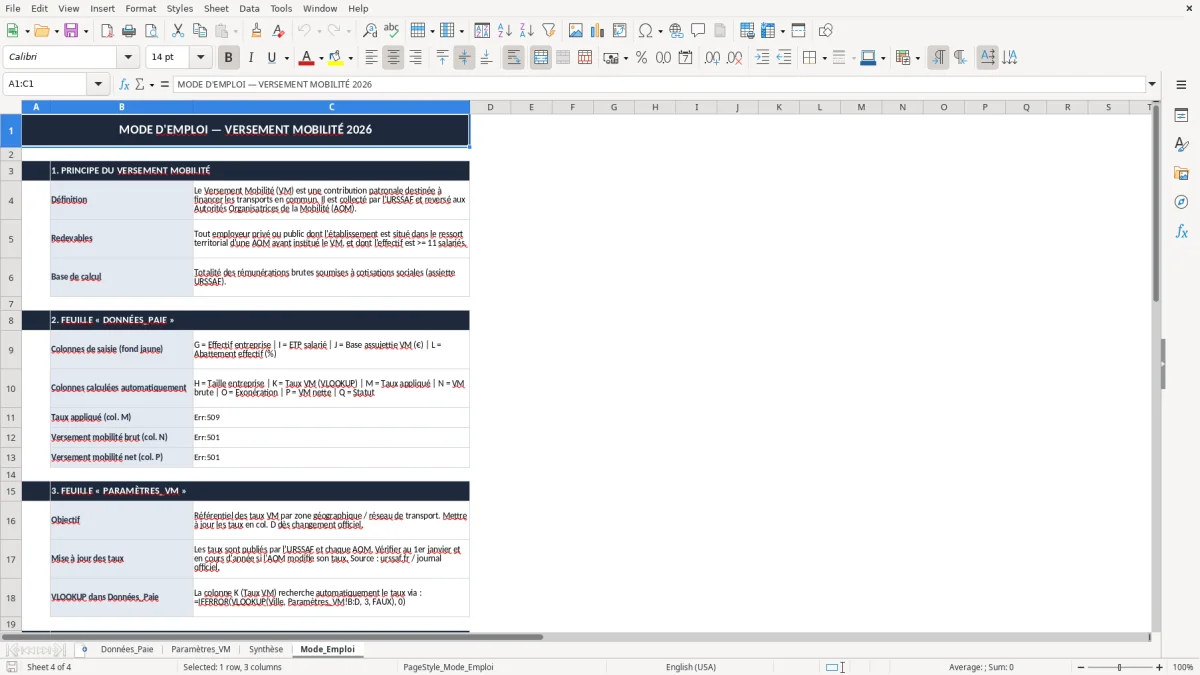 Capture 4 : onglet Mode_Emploi - Modèle Excel calcul du versement mobilité excel