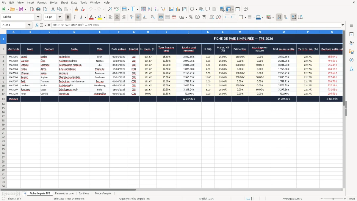 Skärmbild 1: fliken Fiche de paie TPE - Excelmall fiche de paie simplifiée tpe excel