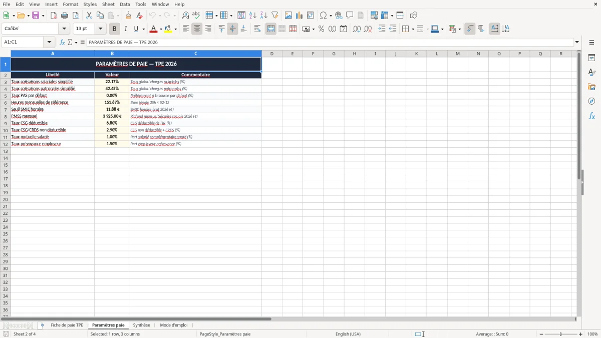 Skärmbild 2: fliken Paramètres paie - Excelmall fiche de paie simplifiée tpe excel