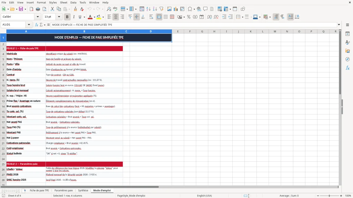Skärmbild 4: fliken Mode d'emploi - Excelmall fiche de paie simplifiée tpe excel