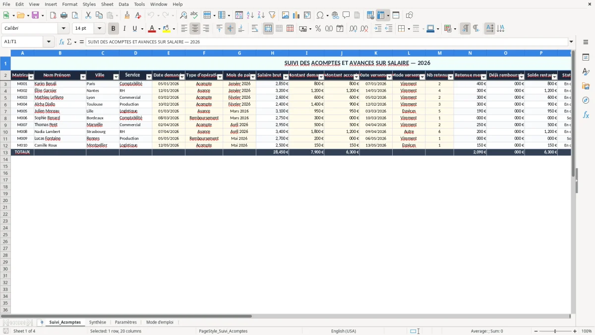 Capture 1 : onglet Suivi_Acomptes - Modèle Excel suivi des acomptes et avances sur salaire excel