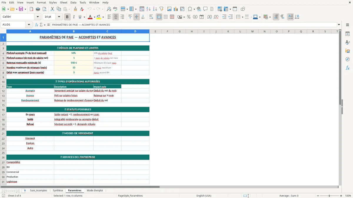 Capture 3 : onglet Paramètres - Modèle Excel suivi des acomptes et avances sur salaire excel