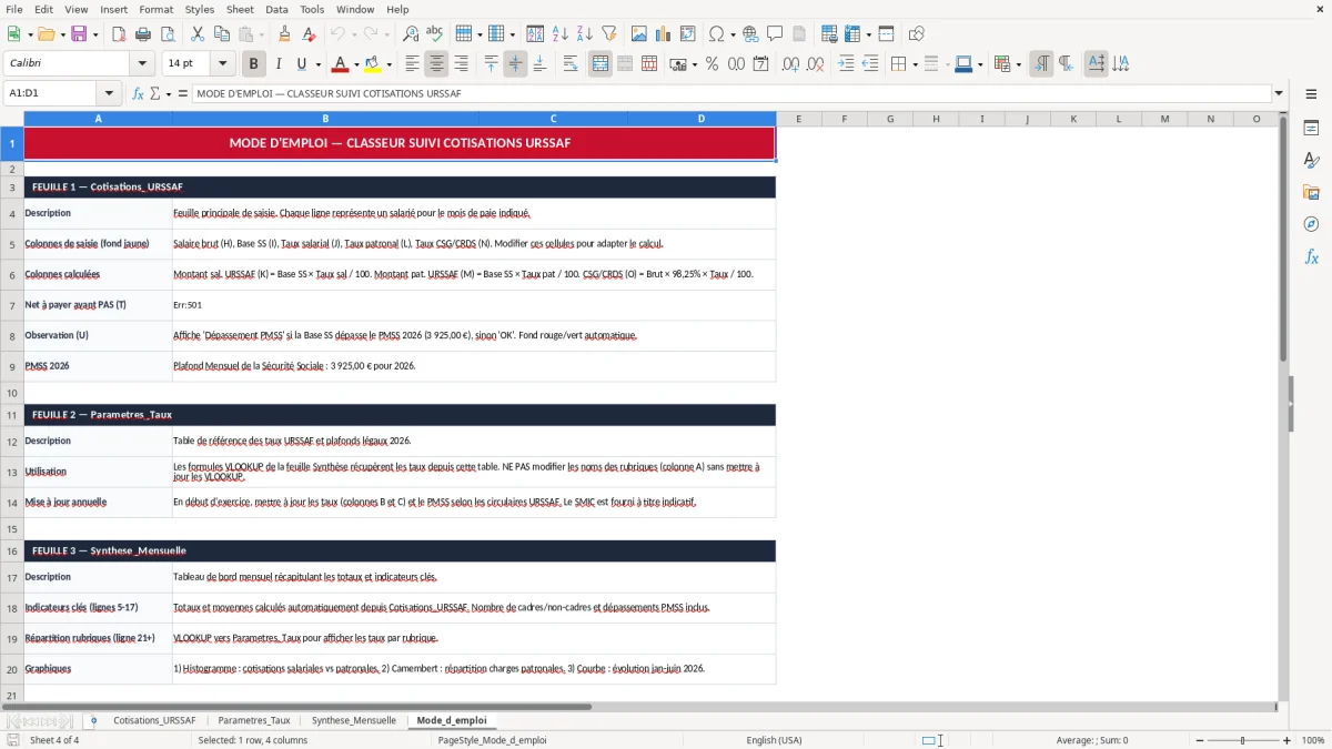 Skärmbild 4: fliken Mode_d_emploi - Excelmall suivi des cotisations urssaf excel