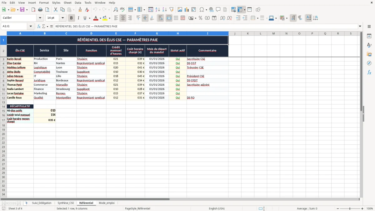 Capture 3 : onglet Référentiel - Modèle Excel suivi des heures de délégation des élus cse excel