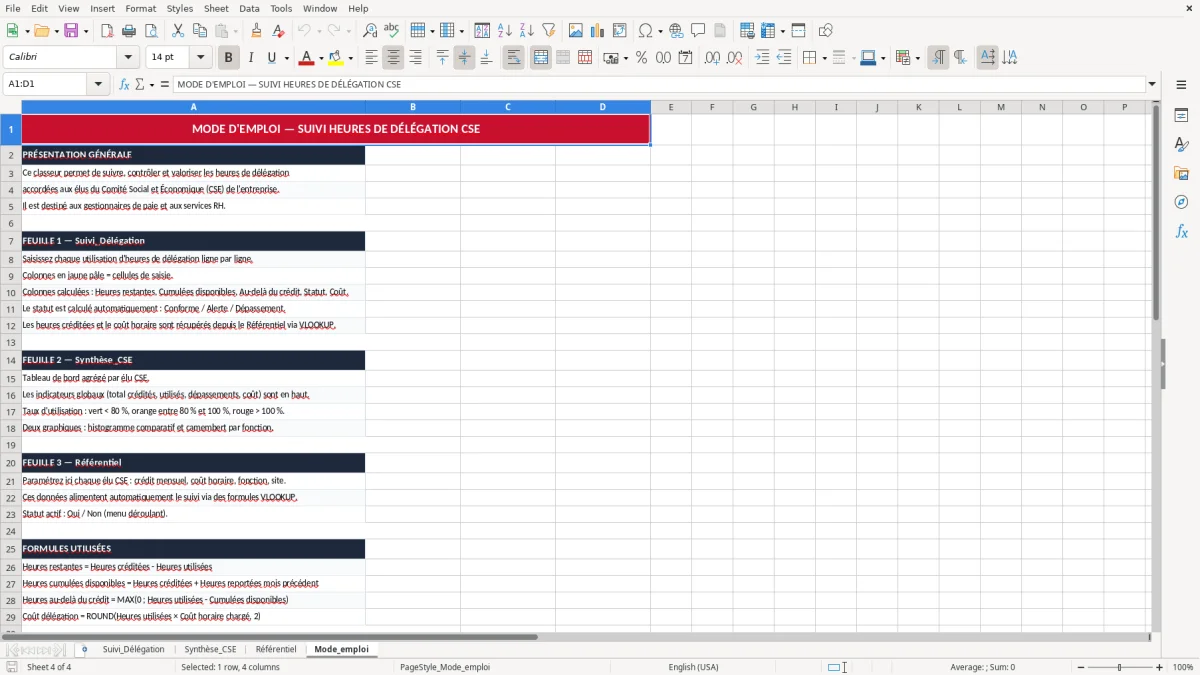 Capture 4 : onglet Mode_emploi - Modèle Excel suivi des heures de délégation des élus cse excel