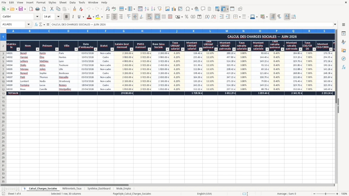 Skärmbild 1: fliken Calcul_Charges_Sociales - Excelmall tableau de calcul des charges sociales excel