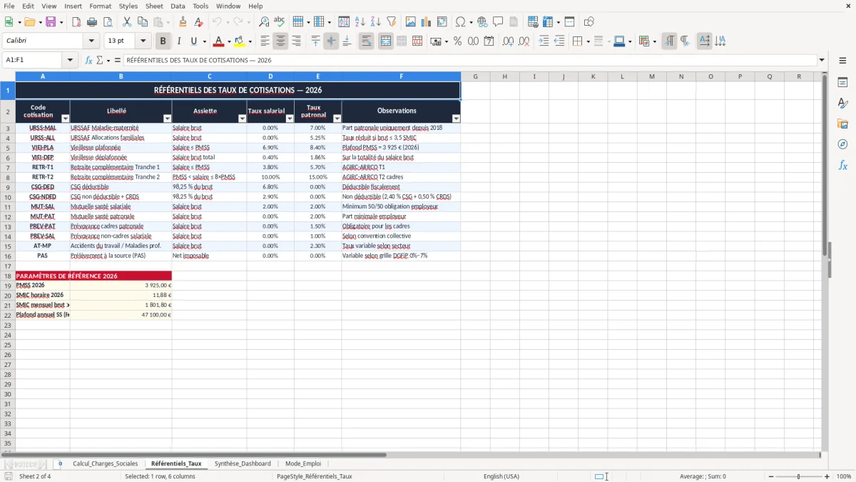 Skärmbild 2: fliken Référentiels_Taux - Excelmall tableau de calcul des charges sociales excel